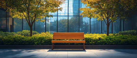 Wall Mural - Empty park bench, city backdrop, autumn leaves, sunlight