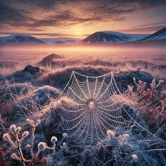 Wall Mural - Tundra Web A spider web in a cold barren tundra adding to the se