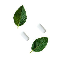 Leinwandbilder - A visually appealing arrangement of two mint leaves and two pieces of white chewing gum against a black background.