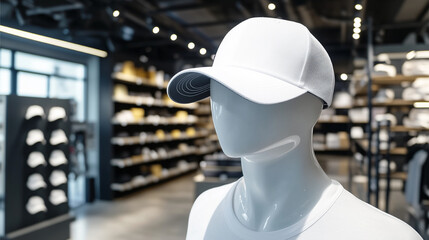 Wall Mural - Mock up of white trucker hat in store, displayed on mannequin, store background with accessories rack.