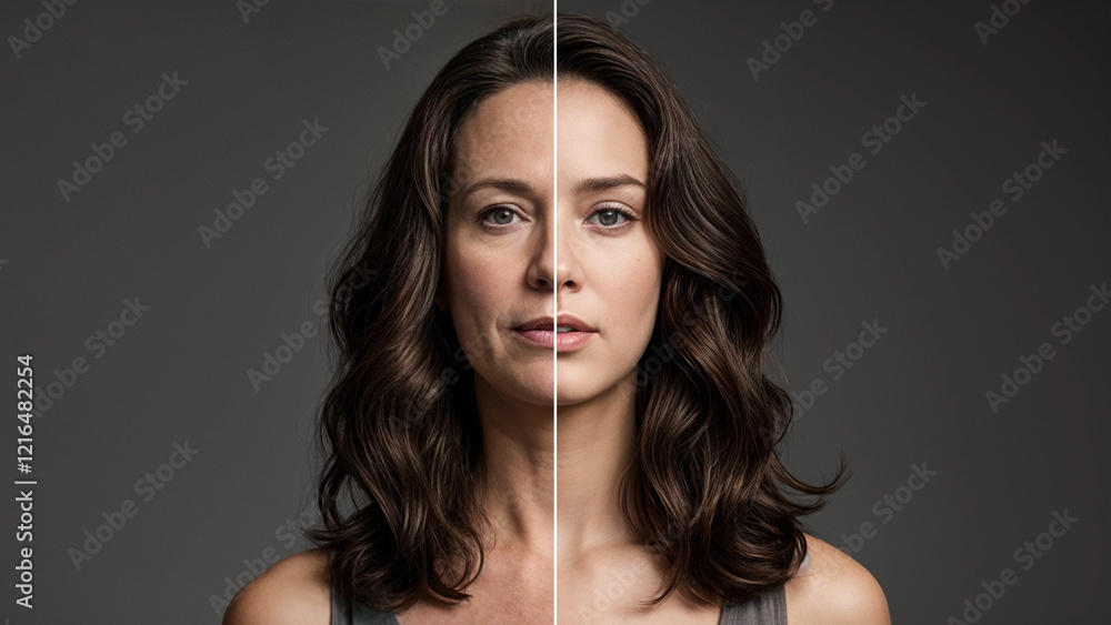 Age comparison concept. Same face portrait young and aged. Face split ...