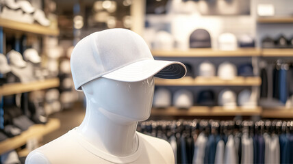 Wall Mural - Mock up of white trucker hat in store, displayed on mannequin, store background with accessories rack.