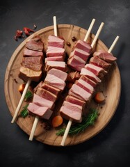 Wall Mural - A plate with three wooden sticks supporting chunks of pork, lamb, and beef , meat skewers, plate of meat, skewered meat