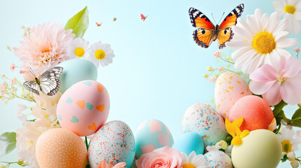 Wall Mural - Colorful Easter Eggs and Butterflies Among Spring Flowers on Pastel Background. Easter concept