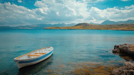 Naklejka na meble Serene coastal boat, tranquil bay, sunny day, mountainous backdrop, travel