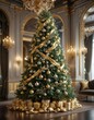 © Sayfar - A luxurious Christmas tree with gold and silver ornaments, garlands of velvet ribbons, and sparkling lights in an upscale, opulent space, gold, velvet, ribbons