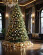 © Sayfar - A luxurious Christmas tree with gold and silver ornaments, garlands of velvet ribbons, and sparkling lights in an upscale, opulent space, ornaments, velvet