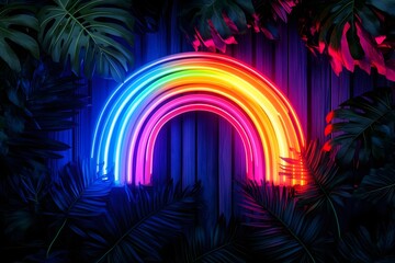 Wall Mural - neon rainbow on a dark background of palm leaves.