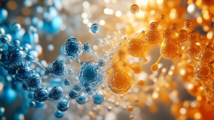 Wall Mural - abstract 3d illustration of orange and blue particles and fluid interactions, creating a dynamic flo