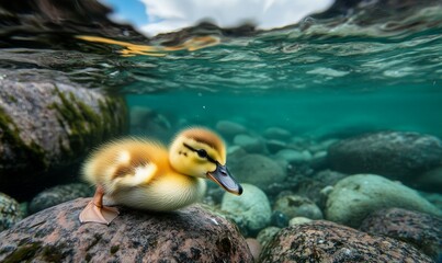 Wall Mural - Cute duckling swimming in clear water among rocks