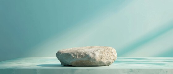 Wall Mural - Irregularly shaped natural stone with rough texture, placed on a teal surface against a soft blue-green background, illuminated by gentle sunlight and shadows