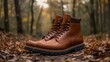 © Fenny - Brown leather boots on autumn leaves in forest. Lifestyle product photography