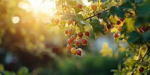 A gooseberry plant with ripe berries hanging on the branch in a garden, blur bright nature background