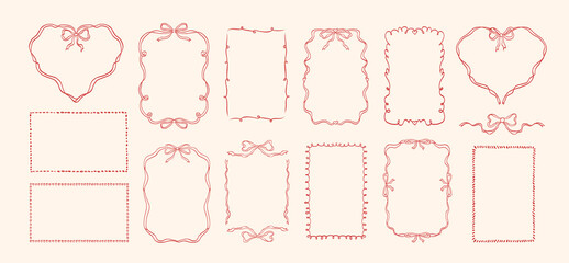 doodle hand drawn coquette frames with hearts, wavy lines, bows and ribbons. trendy vintage whimsica
