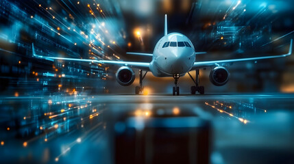 Wall Mural - dynamic traveloriented backdrop blurred airplane and suitcase imagery in professional blues and grey