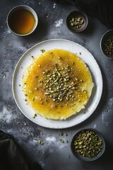 Delicious dessert topped with pistachios, showcasing golden syru