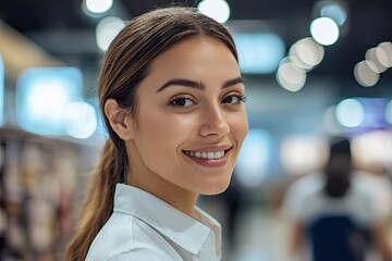 Wall Mural - Smiling woman in bright store background, showcasing joy and eng