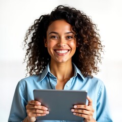 Wall Mural - Smiling woman holds tablet. Standing. Woman wearing blue shirt. Photo in studio setting. Smiling confidently. Potential for use in tech sector business setting. Modern digital lifestyle showcased.