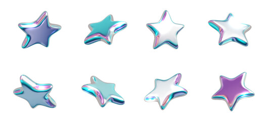 Wall Mural - Chrome star holographic 3d collection. Metal realistic shape 3d chrome vector from different angle isolated PNG