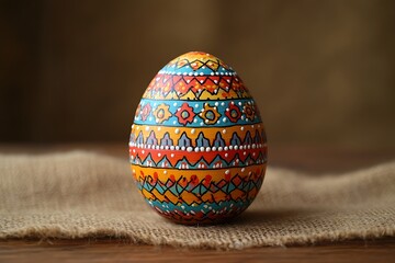 A colorful, intricately painted Easter egg on burlap.