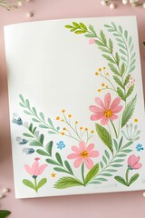 A vibrant floral watercolor illustration on white paper with pink and green botanical designs, set on a pastel pink background. A perfect scene for creativity and spring inspiration.