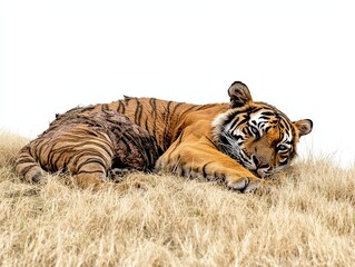 A majestic tiger rests peacefully on dry grass against a stark white background.