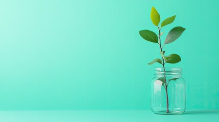 Wall Mural - Minimalistic green plant in glass jar against soft turquoise bac