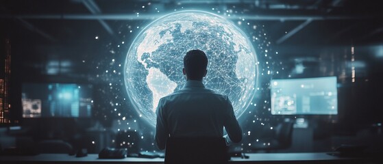 Person views digital globe in a control room with monitors. Tech use concept