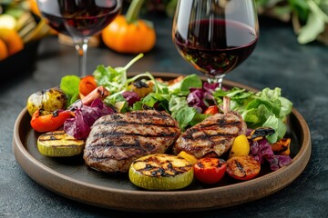 Wall Mural - Grilled lamb chops, vegetables, red wine, autumn setting, food photography