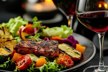 Wall Mural - Grilled steak salad, red wine, romantic dinner