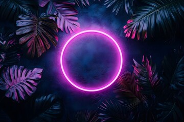 Wall Mural - neon purple circle frame on a dark background of palm leaves.
