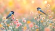 © SINTO - Two birds perched on pink flowers in a field, soft sunset light, peaceful nature scene, ideal for spring or nature themed projects