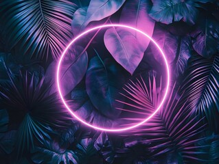Wall Mural - neon purple circle frame on a dark background of palm leaves.