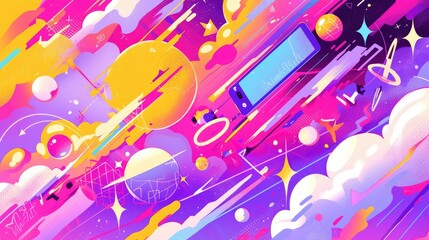 Wall Mural - A vibrant, abstract illustration of space with planets, clouds, and dynamic shapes.