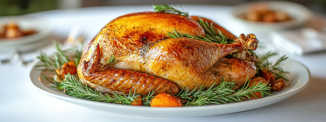 Wall Mural - A beautifully baked turkey garnished with rosemary on a white plate, showcasing a golden crust, perfect for festive gatherings or holiday dinners