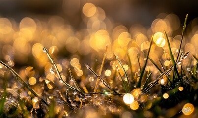 Wall Mural - Golden blades of grass softly illuminated by warm sunlight, with bokeh effects creating a dreamy, serene outdoor scene during the golden hour