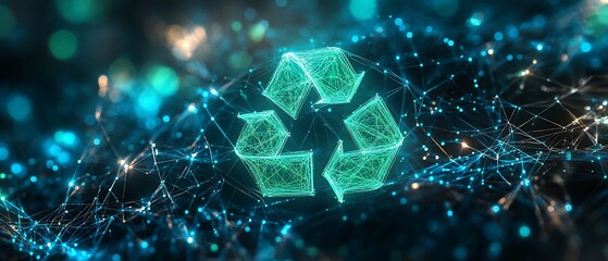 Wall Mural - Recycling symbol formed with glowing lines against a bokeh background, tech use