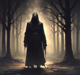 Illustration of hodded person in dark woods.