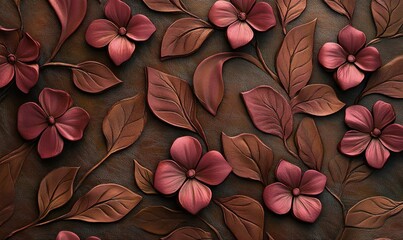 High angle seamless embossed leather flowers and leaves texture