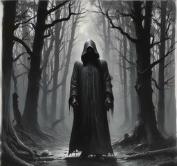 Illustration of hodded person in dark woods.