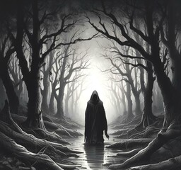 Wall Mural - Illustration of hodded person in dark woods.