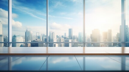 Poster - Stunning view of a modern city skyline through large glass windows with a beautiful blurred background capturing urban life and architectural design