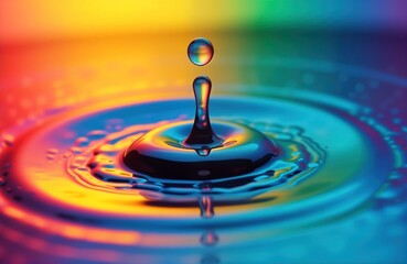 Poster - Colorful liquid surface shows vibrant ripples created by water drop. Rainbow colors reflect light beautifully. Closeup view of dynamic fluid motion. Abstract art photo shows calmness, peace. Macro