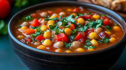 Wall Mural - Hearty and flavorful chickpea and vegetable soup in rustic bowl