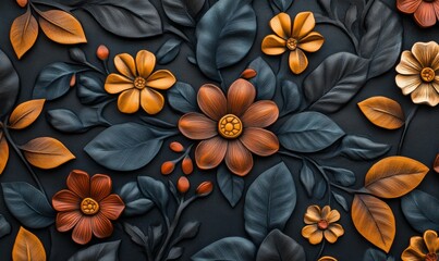 High angle seamless embossed leather flowers and leaves texture