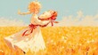 © Tina - Young girl in a field of golden wheat carries a baby in a basket, bright sunny day, serene atmosphere