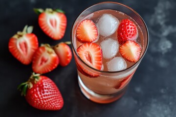 Wall Mural - Refreshing Strawberry Iced Drink, Dark Background, Summer