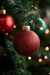 Close-up of a red Christmas bauble on a tree.