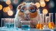 © MYKHAILO KUSHEI - A small guinea pig wearing goggles is surrounded by various test tubes filled with vibrant colored liquids. The setting has a warm, bokeh background, creating a whimsical atmosphere.