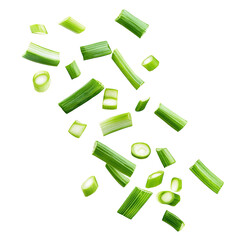 Wall Mural - Chopped green onion pieces floating in the air, isolated on transparent cutout background
